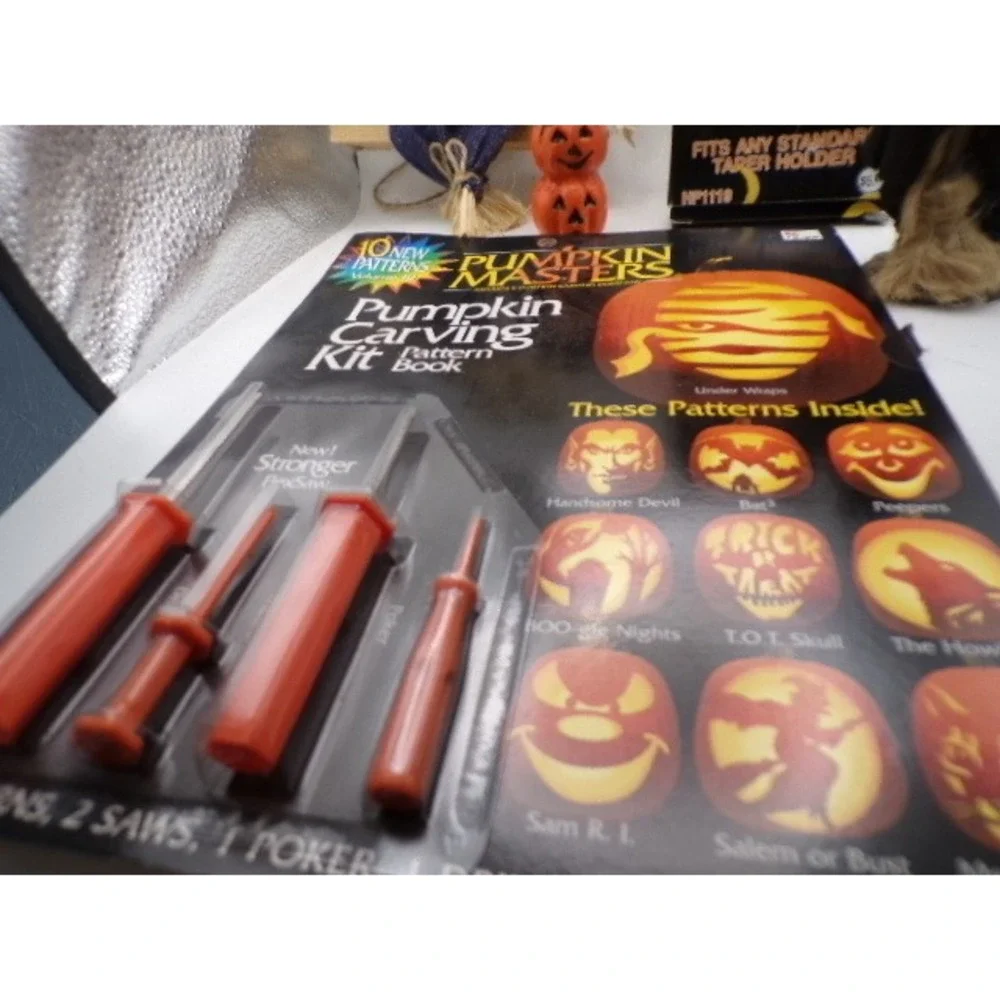 Vintage Halloween Decor Bundle Pumpkin Candles Scarecrow Witch Carving Kit